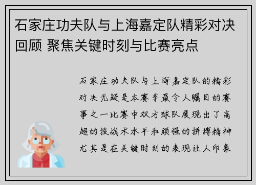 石家庄功夫队与上海嘉定队精彩对决回顾 聚焦关键时刻与比赛亮点
